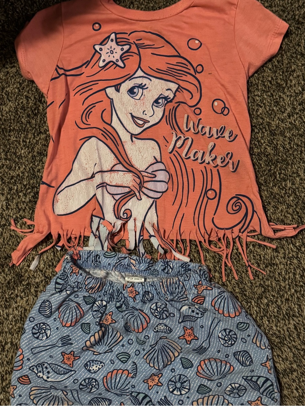 Disney Coral Pink Ariel Fringe Top with Blue Seashell Skirt Set